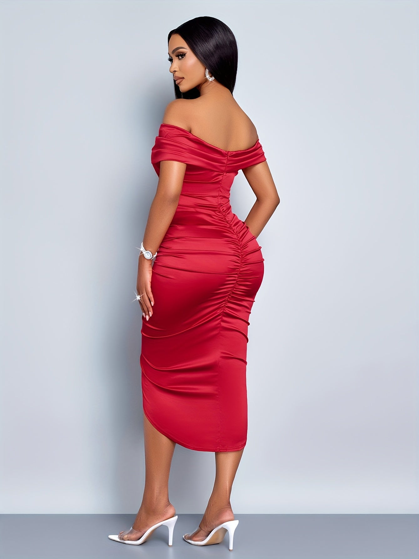 Women's Off-Shoulder Pleated Satin Asymmetrical Party Dress